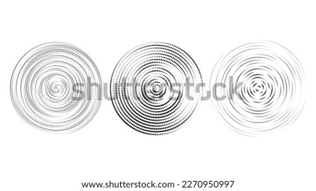 Concentric halftone circles set. Dotted rings collection. Epicentre, target, radar icon concept. Sound wave, Radial signal, vibration or water elements. Vector 