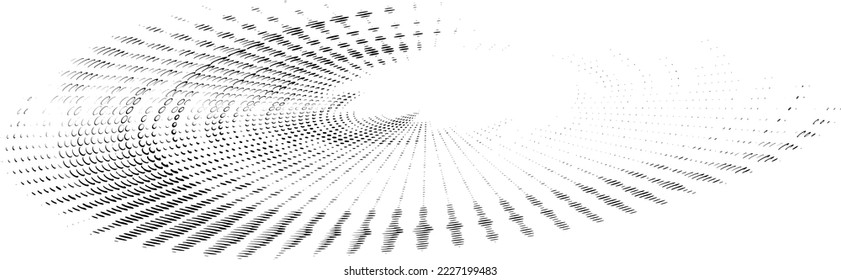 Concentric halftone dotted, beaded disk. Simulation of rotational movement. Radial dashed,  polka dots rays. Space for copy text. 