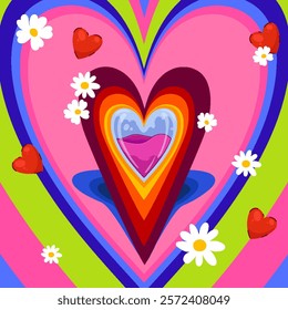 Concentric Heart Shapes with Flowers and Love Potion. Valentine's day card. Love retro heart tunnel in groovy style. Trendy girly abstract love design. Colorful romantic background