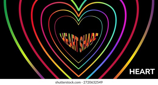 Espectro vibrante abstracto dinámico del arco iris de los corazones concéntricos en gráfico digital liso oscuro para los diseños modernos de la celebración