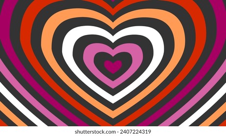 Concentric hearts in lesbian pride colors. Romantic background for girls in love. Pink and orange stripes in the shape of hearts on a dark background.