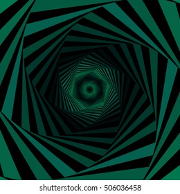 Concentric hexagonal shapes forming the digital sequence with swirl pseudo 3D effect, abstract vector pattern in green and black color