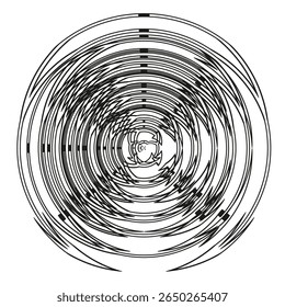 Concentric labyrinthine structure. Intricate circumferential pattern. Hypnotic Vector vortex. Monochrome radial artwork.