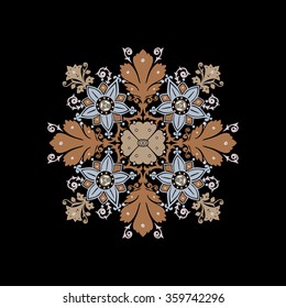 Concentric leaves flower oriental decoration ornament, tiles floral line vector, diagonal handcraft black traditional repeat fabric abstract trend ornamental wall round decorative retro mandala design