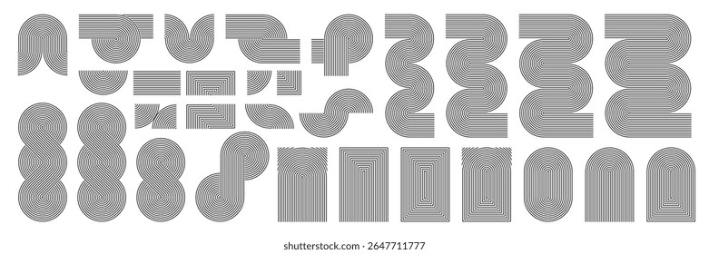 Concentric line art deco pattern. Curved japanese garden abstract zigzag, knot shape and circle spiral moon. Endless retro black eternity, geometric undulate zen arch art. Wavy organic graphic element