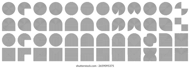 Formas de círculo e quadrado de linha concêntrica. Padrão curvo jardim japonês abstrato arco, forma de nó e lua espiral. Arco-íris preto retrô, geométrica ondulada orientação zen arte. Elemento gráfico orgânico ondulado