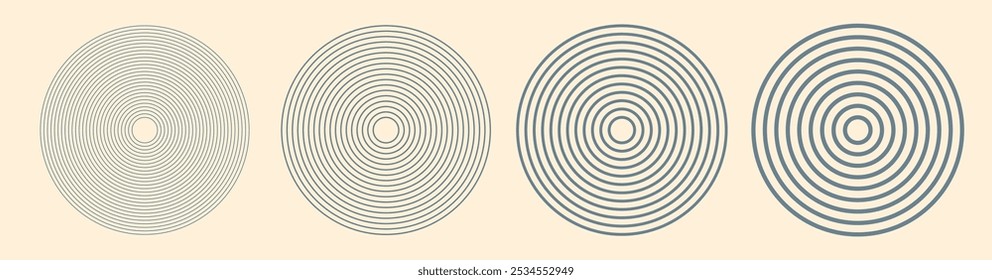 Círculos de línea concéntricos trazos finos a rayas gruesas Conjunto de ilustración de elemento radial gráfico de Vector, anillos lineales ondulados Formas geométricas onduladas, mezcla circular minimal moderno contorno de moda céntrico