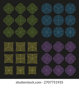 Concentric line forms. Colorful target shapes. Abstract graphic Vector. Dark background pattern.