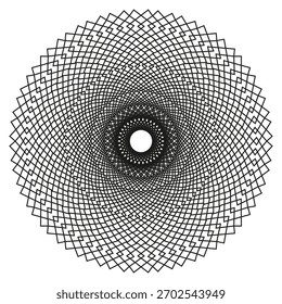 Konzentrisches Liniengitter. Optischer abstrakter Vektor. Radiales Spiralgeflecht. Minimales schwarzes Muster.