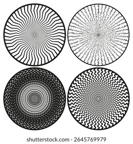 Concentric line patterns. Radial graphic circles. Geometric Vector forms. Abstract wheel elements.