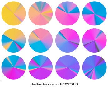 Concentric metallic gradient ux button elements vector yellow blue pink collection. Polished abstract medal shapes. Banner metal surface gradient backgrounds. Icon backgrounds graphic design.