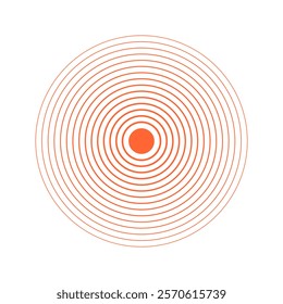 Concentric orange circles. Sunburst, sunrise or sunset icon. Pain or ache localization sign. Shockwave, radiation or vibration symbol. Sound, radar signal or sonar wave pictogram. Vector illustration.