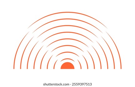 Concentric orange semicircles. Sunburst, sunrise or sunset icon. Pain or ache localization sign. Shockwave, radiation or vibration symbol. Sound, radar or sonar wave pictogram. Vector illustration.