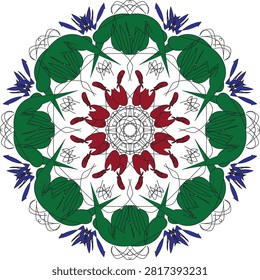 Concentric o-ring center with maroon rabbit ear petals, forest green arch cluster, and indigo fleur de lis apex mandala vector emblem isolated on white background.