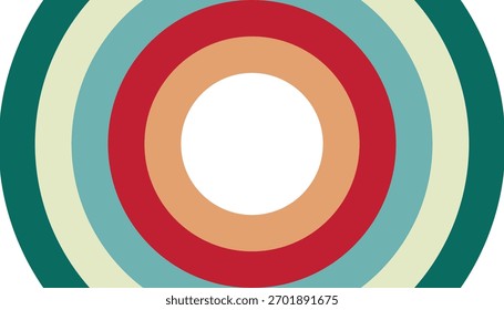 Formas ovais concêntricas em uma paleta de cores retro criam uma ilusão óptica vibrante e abstrata com uma sensação de profundidade e movimento.
