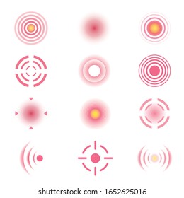 Concentric pain red circle set, target point. Ache and human organ disease suffer. Vector cartoon pain round illustration isolated on white background