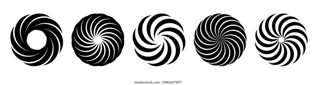 Concentric pinwheel. Twisting circles logo design elements set. Black and white vector icon isolated on transparent background 