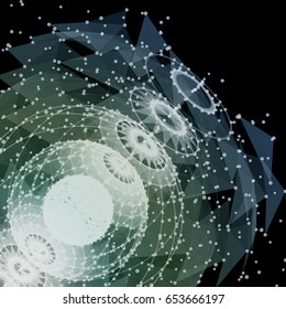 Concentric polygon spheres connecting lines and dots. Abstract background.