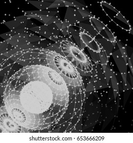 Concentric polygon white spheres connecting lines and dots. Abstract  background.
