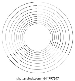 Concentric, radial circles circular element. abstract black and white design