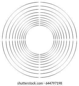 Concentric, radial circles circular element. abstract black and white design