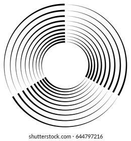 Concentric, radial circles circular element. abstract black and white design