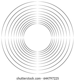 Concentric, radial circles circular element. abstract black and white design