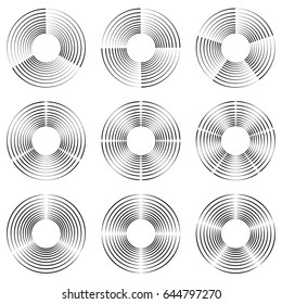 Concentric, radial circles circular element. abstract black and white design