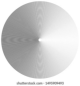 Concentric, radial circles pattern. Radiating, circular spiral, vortex lines. Rays, beams, signal burst design. Merging rippled lines. Converging rings, geometric illustration