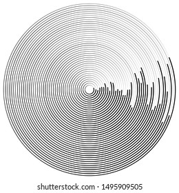 Concentric, radial circles pattern. Radiating, circular spiral, vortex lines. Rays, beams, signal burst design. Merging rippled lines. Converging rings, geometric illustration