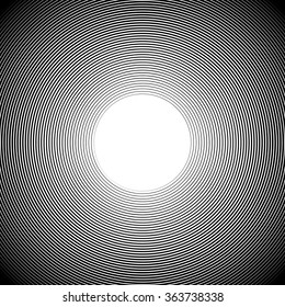 Concentric radiating circles abstract monochrome vector graphic.