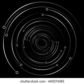 Concentric, radiating circles, lines with dots. Geometric element. Vector illustration.