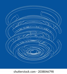 Concentric, radiating circles. Vector rendering of 3d. Wire-frame style. Orthography or isometric