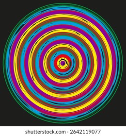 Concentric rainbow circles. Bright color rings. Abstract vibrant pattern. Vector swirl shape.