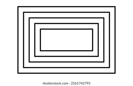 Concentric rectangle shapes. Repeating rectangular forms isolated on black background. Ornament in modern groovy style. Vector graphic illustration.