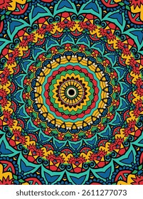 Concentric rings of complex geometric and floral designs adorn a detailed, vibrant mandala design.
