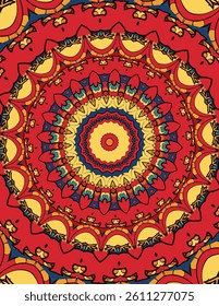 Concentric rings of complex geometric and floral designs adorn a detailed, vibrant mandala design.
