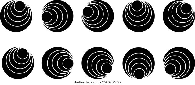 Concentric ripple circles icon set, Seismic Earthquake alert radar. Radial signal, sonar wave, soundwave rings. touch effect or pulse Vector graphic design elements isolated on transparent background,