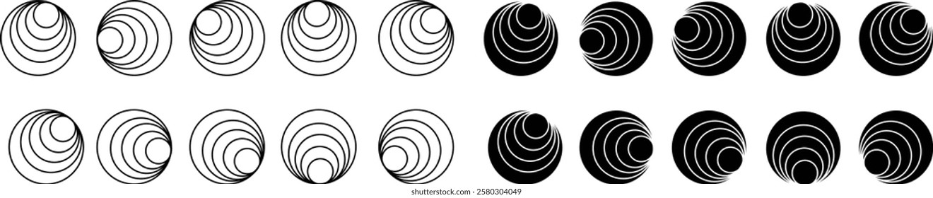 Concentric ripple circles icon set, Seismic Earthquake alert radar. Radial signal, sonar wave, soundwave rings. touch effect or pulse Vector graphic design elements isolated on transparent background,