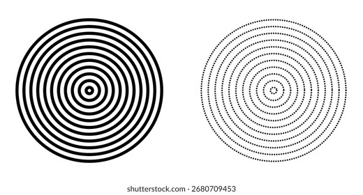 Concentric ripple circles set. Dotted sound wave rings collection. Epicentre, target, radar icon concept.
