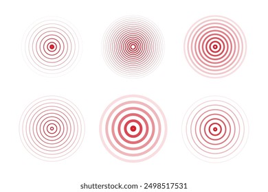 Concentric ripple circles set. Seismic Earthquake alert radar. Radial signal, sonar wave, soundwave rings. touch effect or pulse