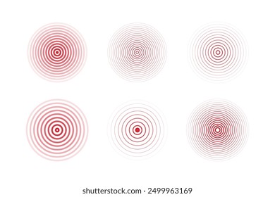 Concentric ripple circles set. Seismic Earthquake alert radar. Radial signal, sonar wave, soundwave rings. touch effect or pulse