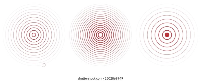 Conjunto de círculos de ondulación concéntricos. Radar de alerta sísmica. Señal radial, onda de sonar, anillos de onda sonora. efecto de tacto o pulso