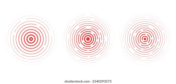 Círculos ondulados concêntricos definidos. Radar de alerta de terremoto sísmico. Sinal radial, onda sonar, anéis de onda sonora. efeito de toque ou pulso