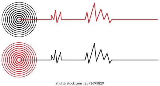 Concentric ripple circles set. Seismic Earthquake alert radar. Radial signal, sonar wave, soundwave rings. touch effect or pulse
