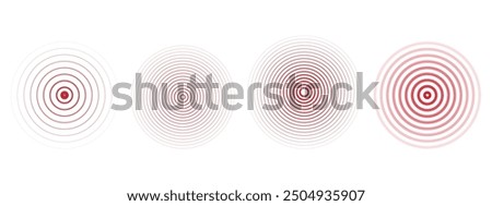 Concentric ripple circles set. Seismic Earthquake alert radar. Radial signal, sonar wave, soundwave rings. touch effect or pulse