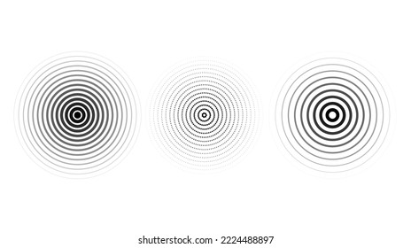 Concentric ripple circles set. Sonar or sound wave rings collection. Epicentre, target, radar icon concept. Radial signal or vibration elements. Vector