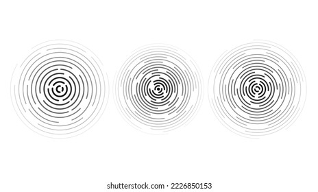 Concentric ripple circles set. Sonar or sound wave rings collection. Epicentre, target, radar icon concept. Radial signal or vibration elements.