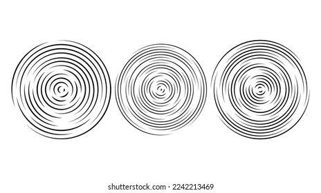 Concentric ripple circles set. Sonar or sound wave rings collection. Epicentre, target, radar icon concept. Radial signal or vibration elements.