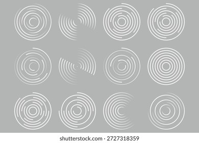 Conjunto de círculos de ondulación concéntricos. Sonar o anillos de ondas sonoras de colección. Epicentro, objetivo, concepto de icono de radar. Señal radial o Elementos de vibración. Líneas radiales mínimas con ilusión óptica.